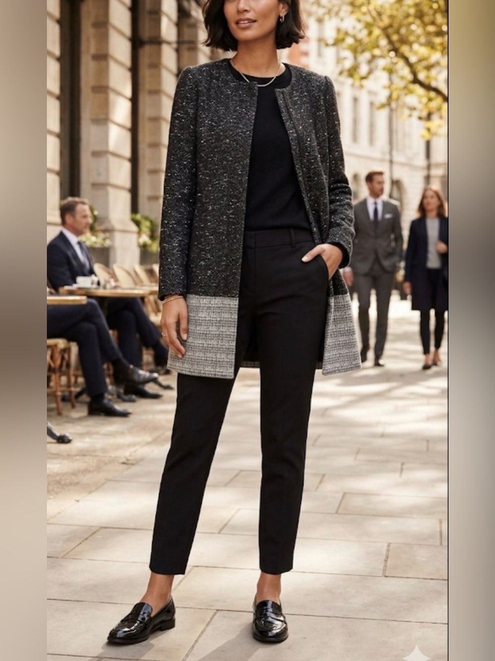 Banana Republic Women’s Black & White Tweed Colorblock A Line Coat Sz L mid
